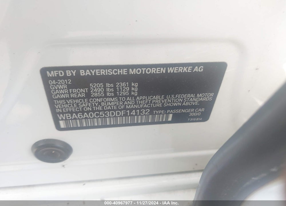2013 BMW 640I GRAN COUPE VIN: WBA6A0C53DDF14132