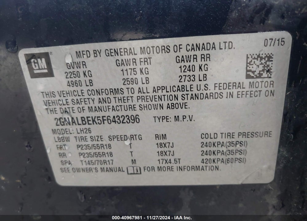 2015 CHEVROLET EQUINOX 1LT VIN: 2GNALBEK5F6432396