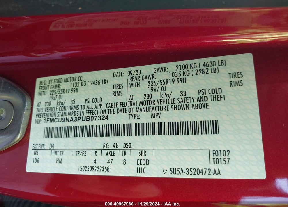 2023 FORD ESCAPE ST-LINE SELECT VIN: 1FMCU9NA3PUB07324