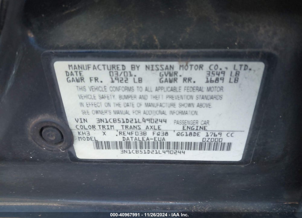 2001 NISSAN SENTRA GXE VIN: 3N1CB51D21L490244