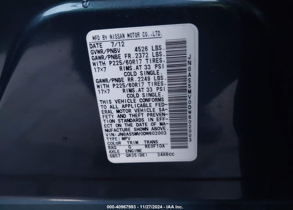 2013 NISSAN ROGUE SV VIN: JN8AS5MV0DW602003