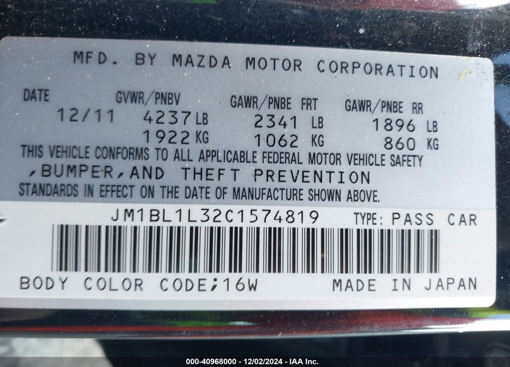 2012 MAZDA MAZDASPEED3 VIN: JM1BL1L32C1574819