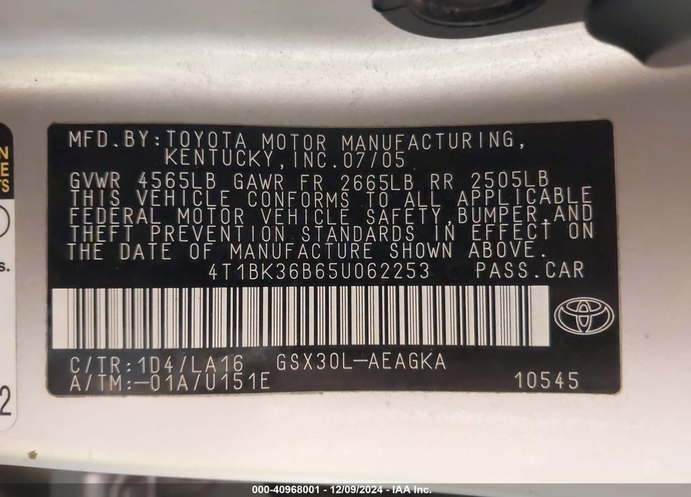 2005 TOYOTA AVALON XLS VIN: 4T1BK36B65U062253