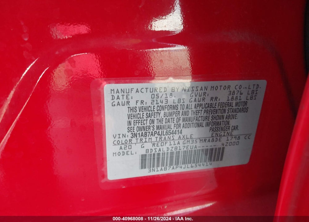 2018 NISSAN SENTRA VIN: 3N1AB7AP4JL654414