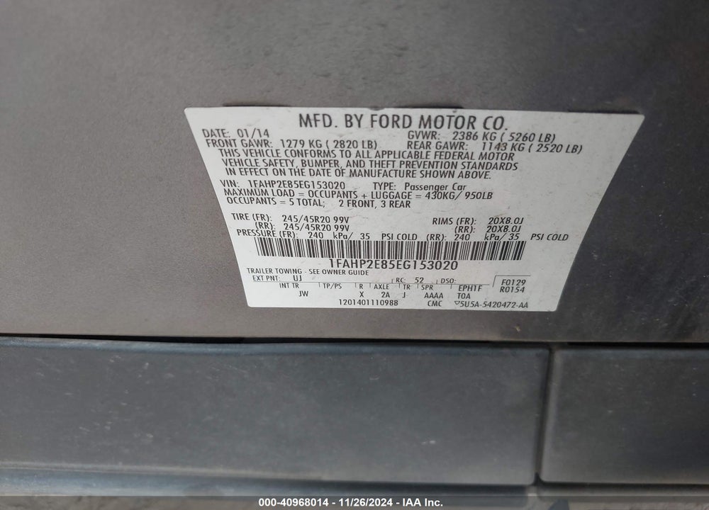 2014 FORD TAURUS SEL VIN: 1FAHP2E85EG153020