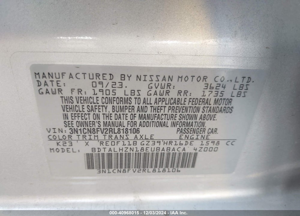 2024 NISSAN VERSA VIN: 3N1CN8FV2RL818106