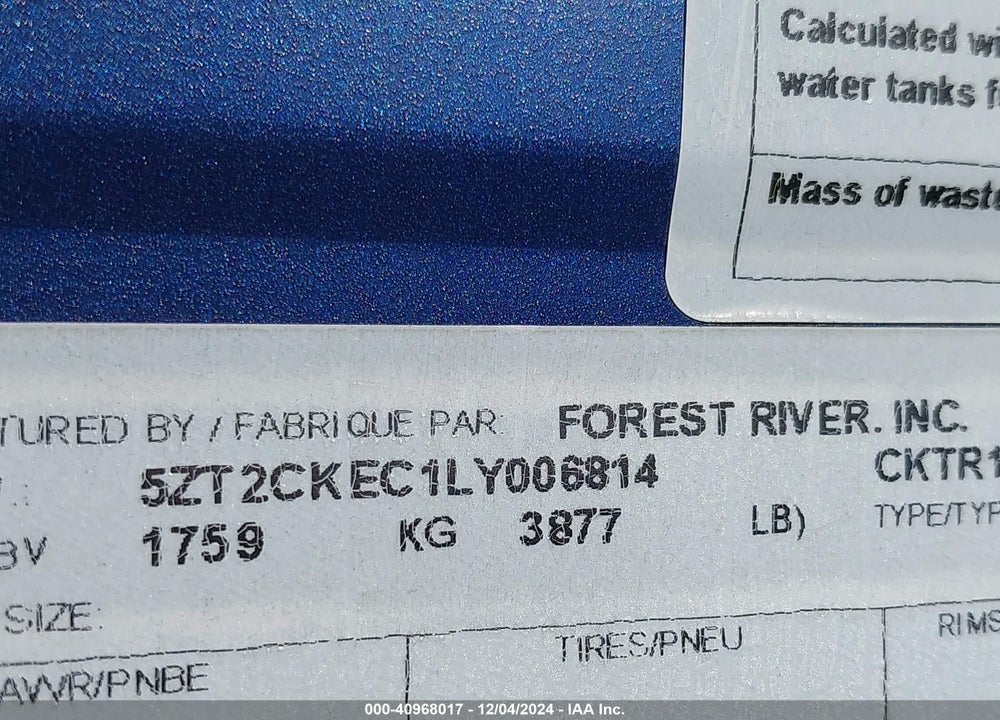 2020 FOREST RIVER WOLF PUMP TRAVEL TRAILER VIN: 5ZT2CKEC1LY006814