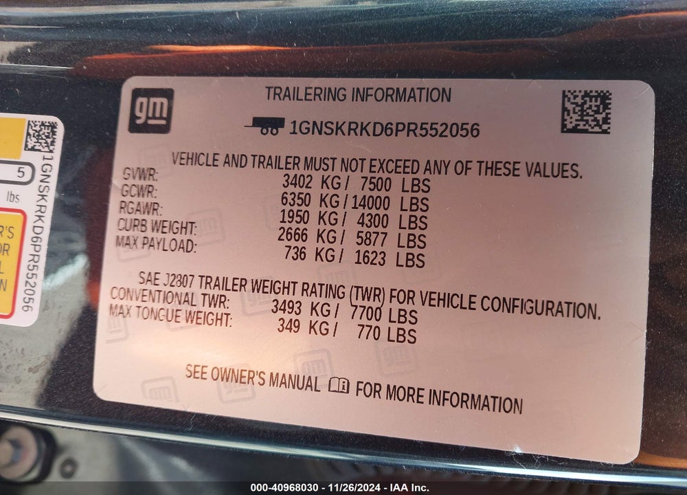 2023 CHEVROLET TAHOE 4WD RST VIN: 1GNSKRKD6PR552056