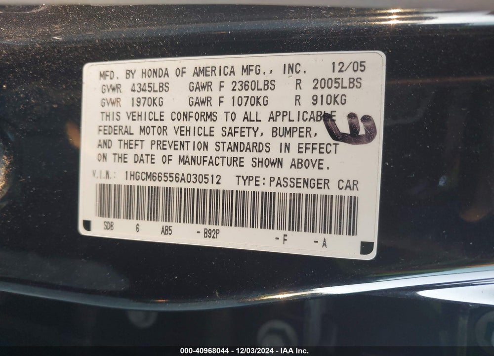 2006 HONDA ACCORD 3.0 EX VIN: 1HGCM66556A030512