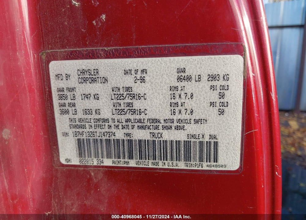1996 DODGE RAM 1500 VIN: 1B7HF13Z6TJ147374