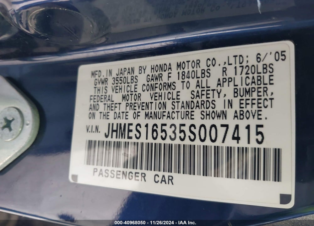 2005 HONDA CIVIC LX VIN: JHMES16535S007415