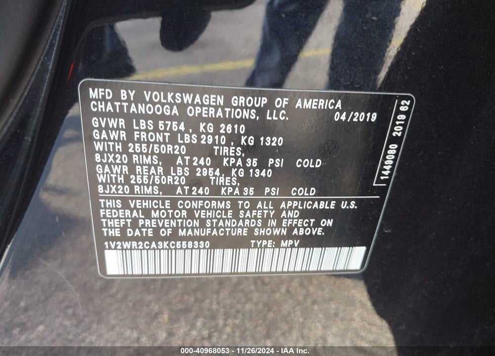 2019 VOLKSWAGEN ATLAS 3.6L V6 SE W/TECHNOLOGY VIN: 1V2WR2CA3KC558330