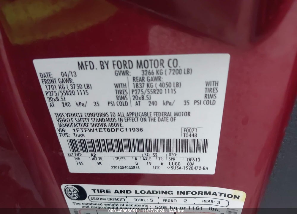 2013 FORD F-150 VIN: 1FTFW1ET8DFC11936