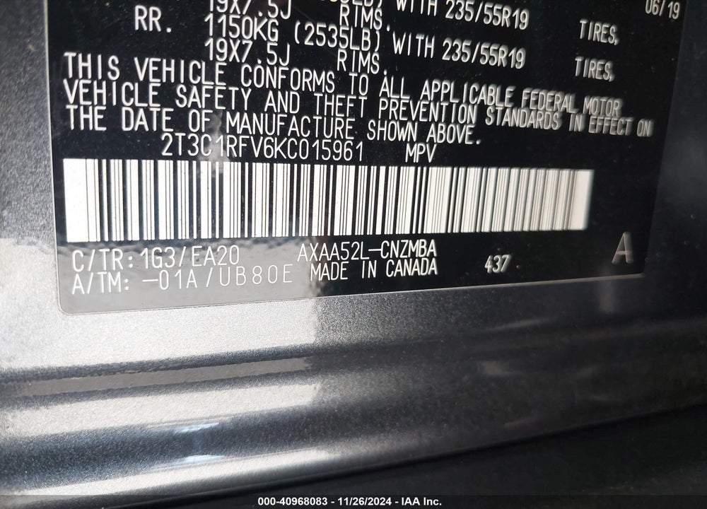 2019 TOYOTA RAV4 XLE PREMIUM VIN: 2T3C1RFV6KC015961