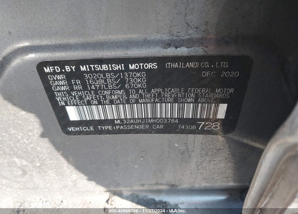 2021 MITSUBISHI MIRAGE CARBONITE EDITION/ES/LE VIN: ML32AUHJ1MH003784