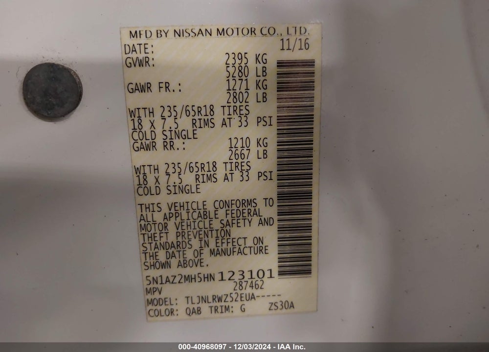 2017 NISSAN MURANO SL VIN: 5N1AZ2MH5HN123101