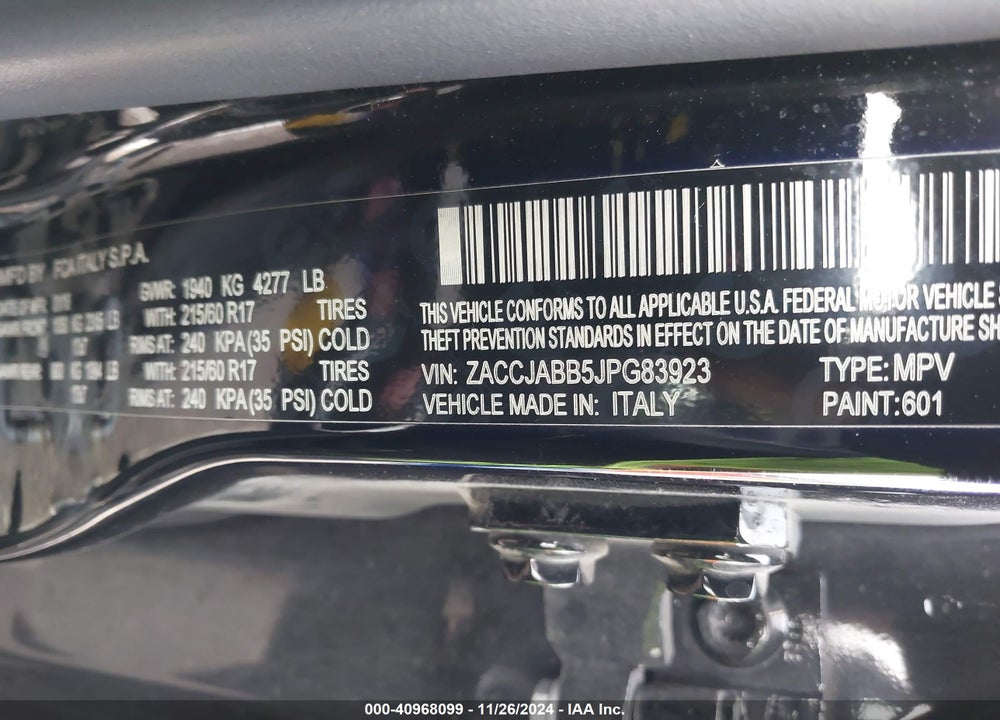 2018 JEEP RENEGADE LATITUDE FWD VIN: ZACCJABB5JPG83923