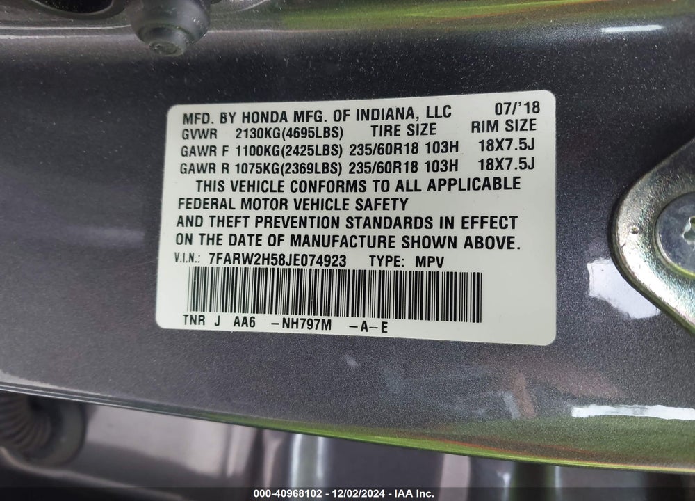 2018 HONDA CR-V EX VIN: 7FARW2H58JE074923