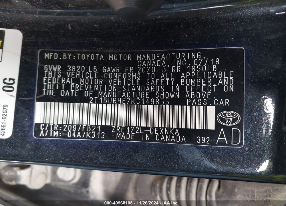 2019 TOYOTA COROLLA VIN: 2T1BURHE7KC149855