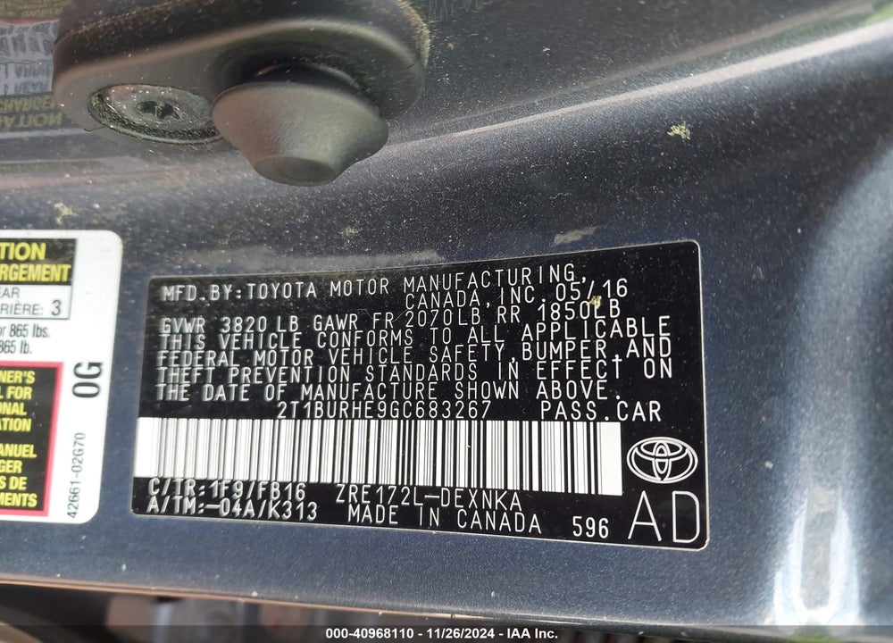 2016 TOYOTA COROLLA LE VIN: 2T1BURHE9GC683267