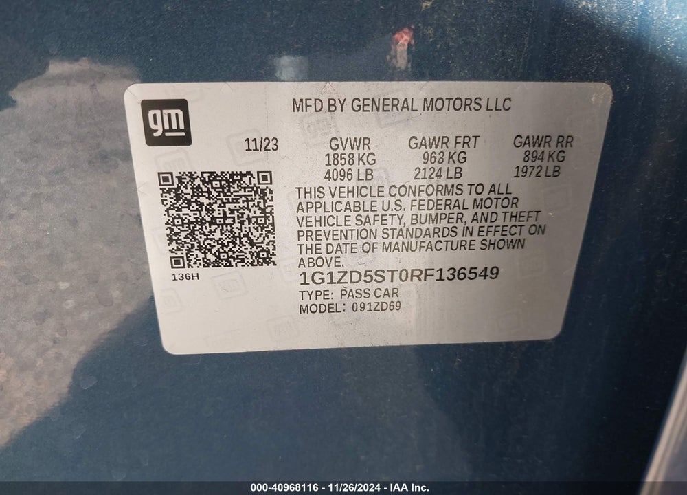 2024 CHEVROLET MALIBU FWD 1LT VIN: 1G1ZD5ST0RF136549