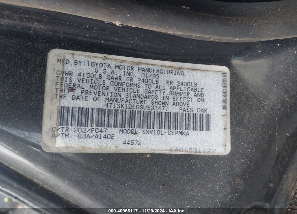 1995 TOYOTA CAMRY LE VIN: 4T1SK12E6SU533477