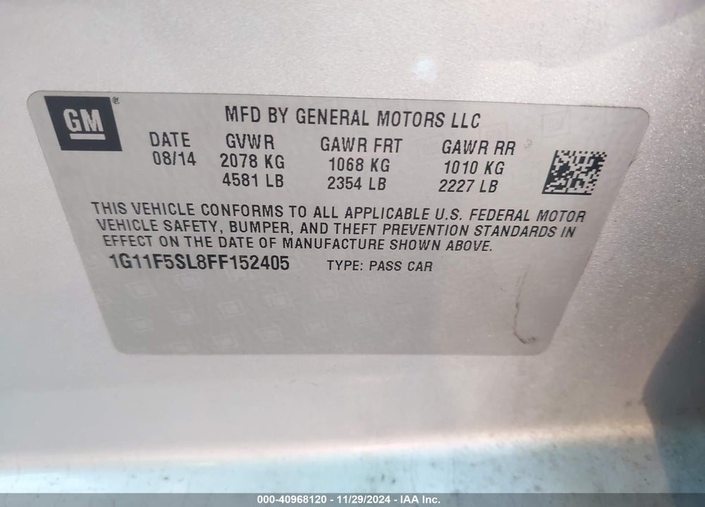 2015 CHEVROLET MALIBU 1LZ VIN: 1G11F5SL8FF152405