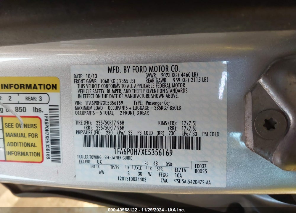 2014 FORD FUSION SE VIN: 1FA6P0H7XE5356169