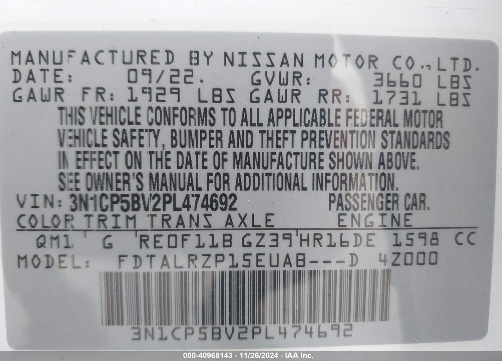 2023 NISSAN KICKS S XTRONIC CVT VIN: 3N1CP5BV2PL474692