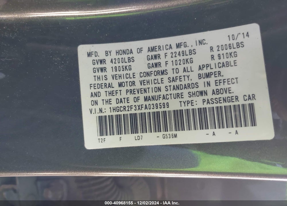 2015 HONDA ACCORD LX VIN: 1HGCR2F3XFA039599