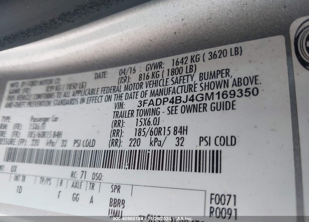 2016 FORD FIESTA SE VIN: 3FADP4BJ4GM169350