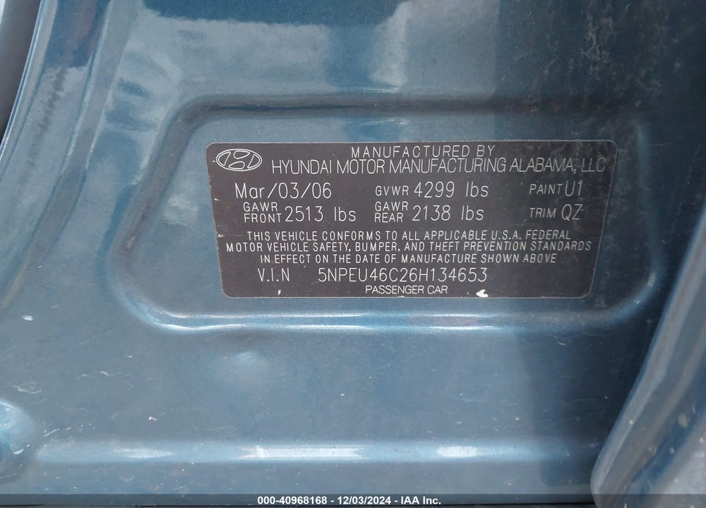 2006 HYUNDAI SONATA GLS VIN: 5NPEU46C26H134653