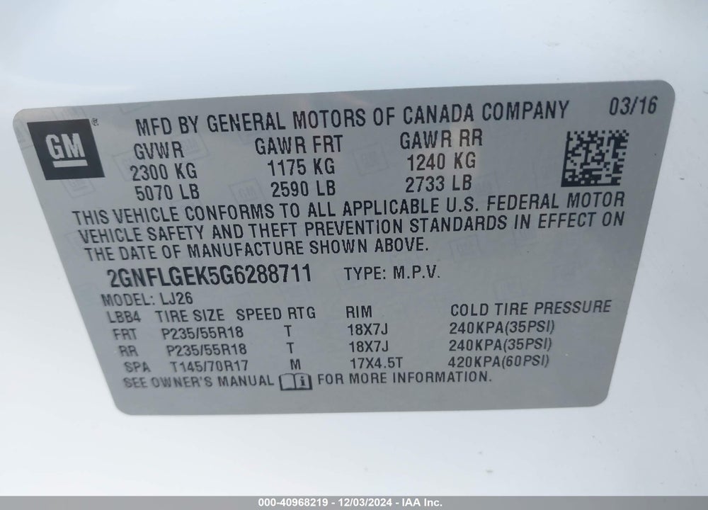 2016 CHEVROLET EQUINOX LTZ VIN: 2GNFLGEK5G6288711