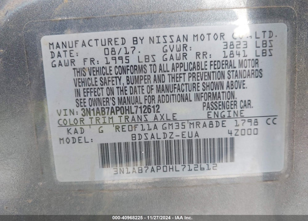 2017 NISSAN SENTRA SV VIN: 3N1AB7AP0HL712612