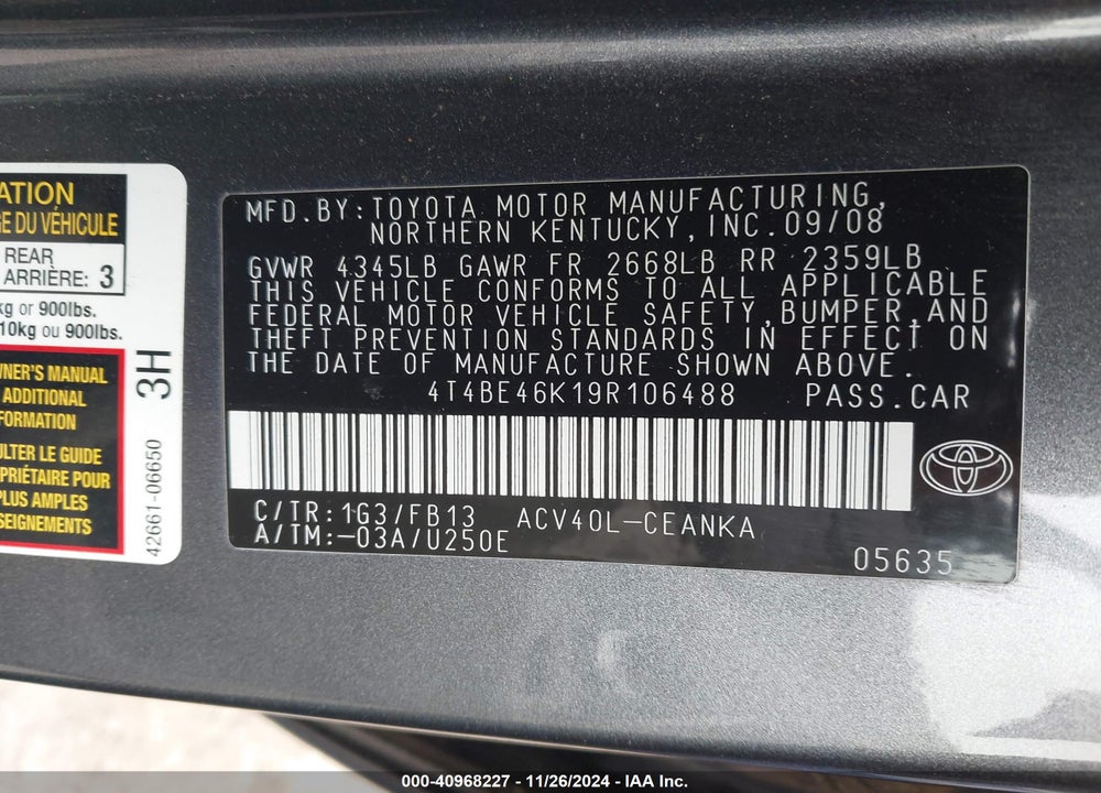 2009 TOYOTA CAMRY LE VIN: 4T4BE46K19R106488