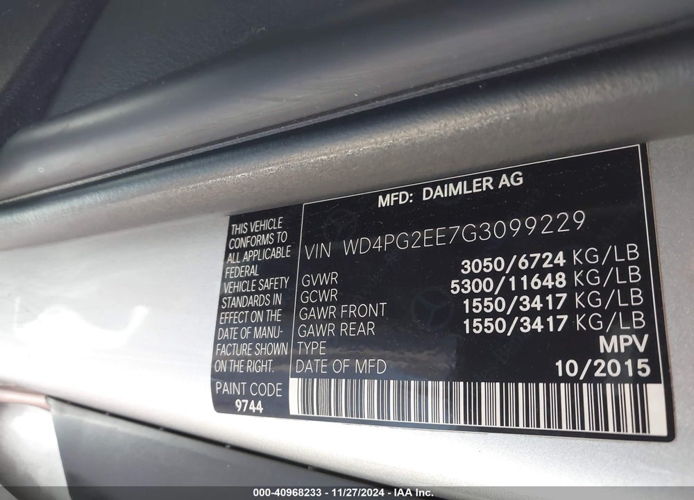 2016 MERCEDES-BENZ METRIS VIN: WD4PG2EE7G3099229