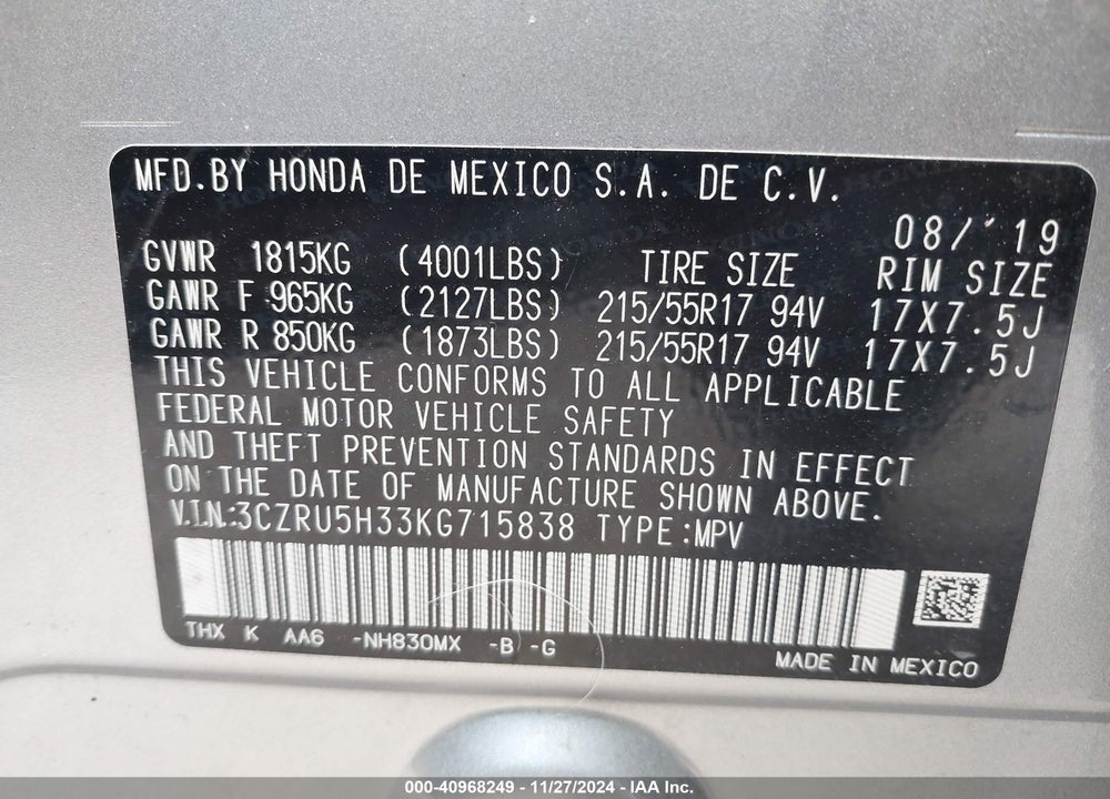 2019 HONDA HR-V LX VIN: 3CZRU5H33KG715838