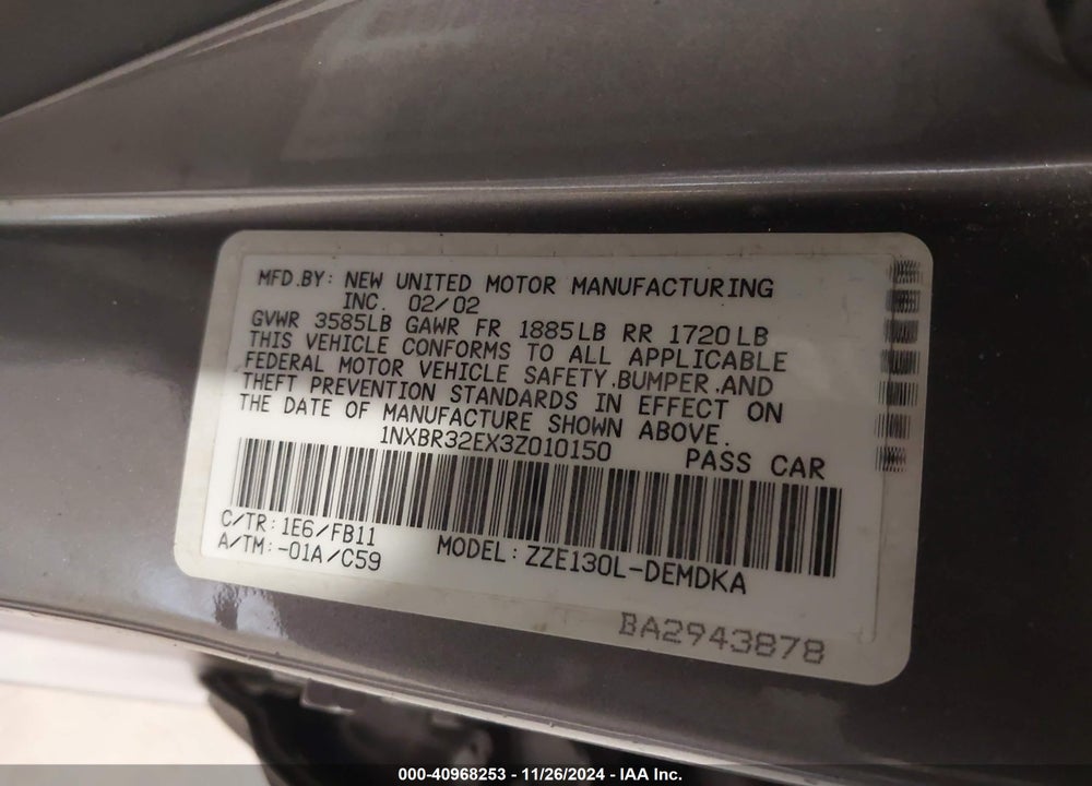 2003 TOYOTA COROLLA CE VIN: 1NXBR32EX3Z010150