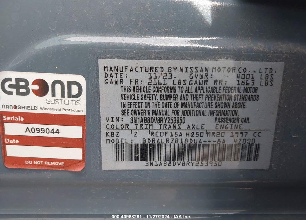 2024 NISSAN SENTRA VIN: 3N1AB8DV8RY253950
