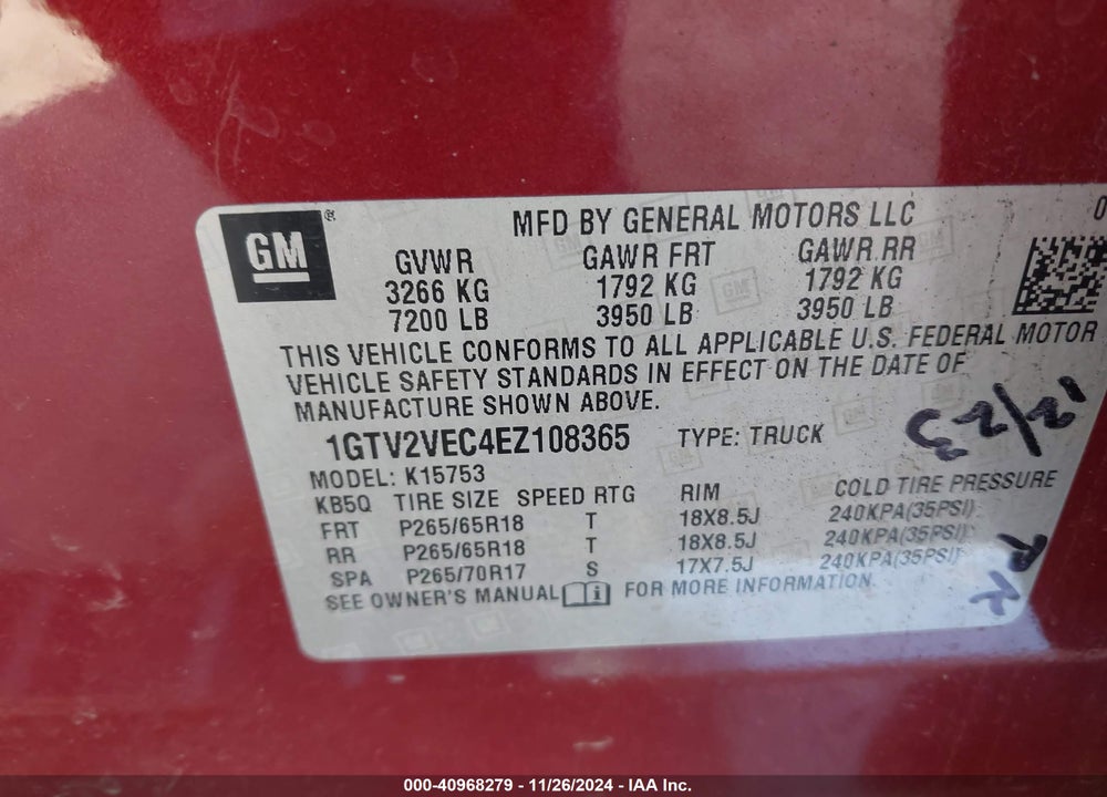 2014 GMC SIERRA 1500 VIN: 1GTV2VEC4EZ108365