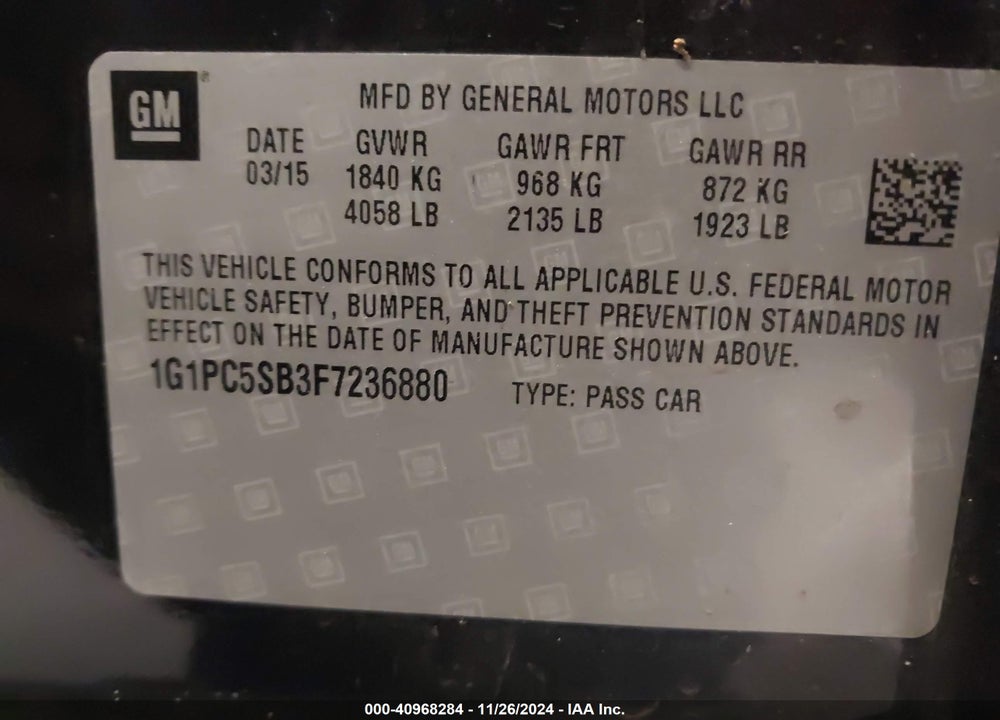 2015 CHEVROLET CRUZE 1LT AUTO VIN: 1G1PC5SB3F7236880