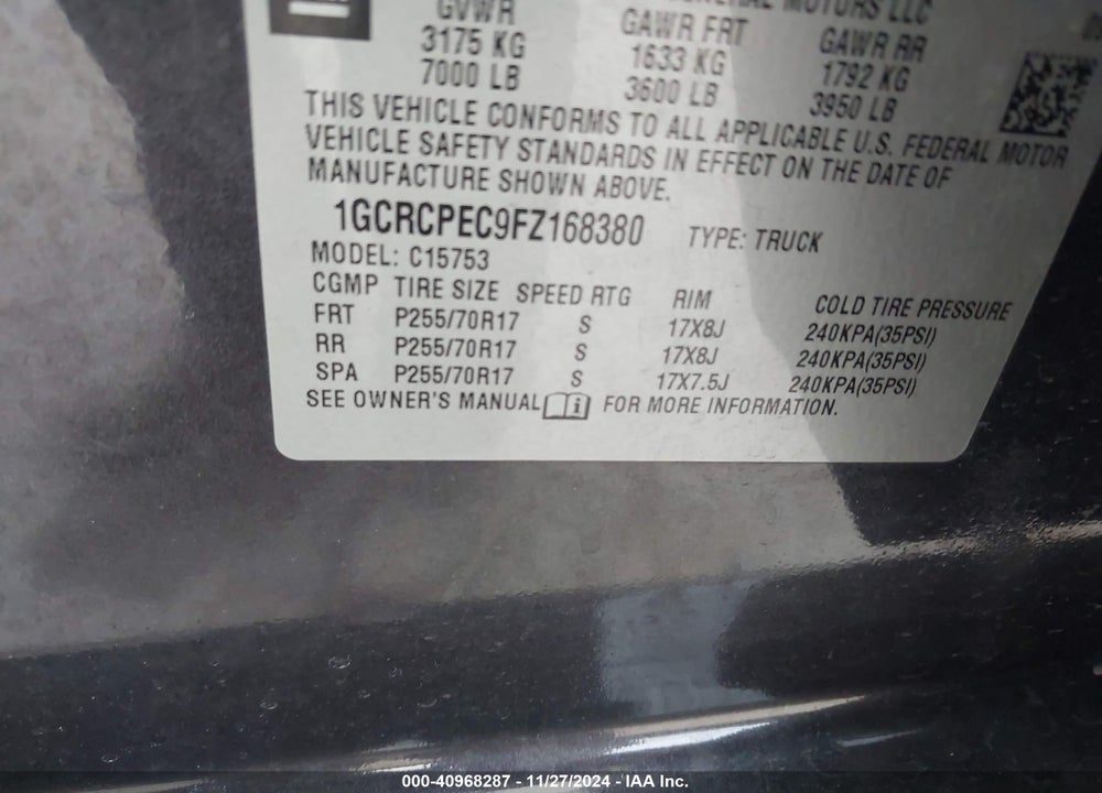 2015 CHEVROLET SILVERADO 1500 VIN: 1GCRCPEC9FZ168380