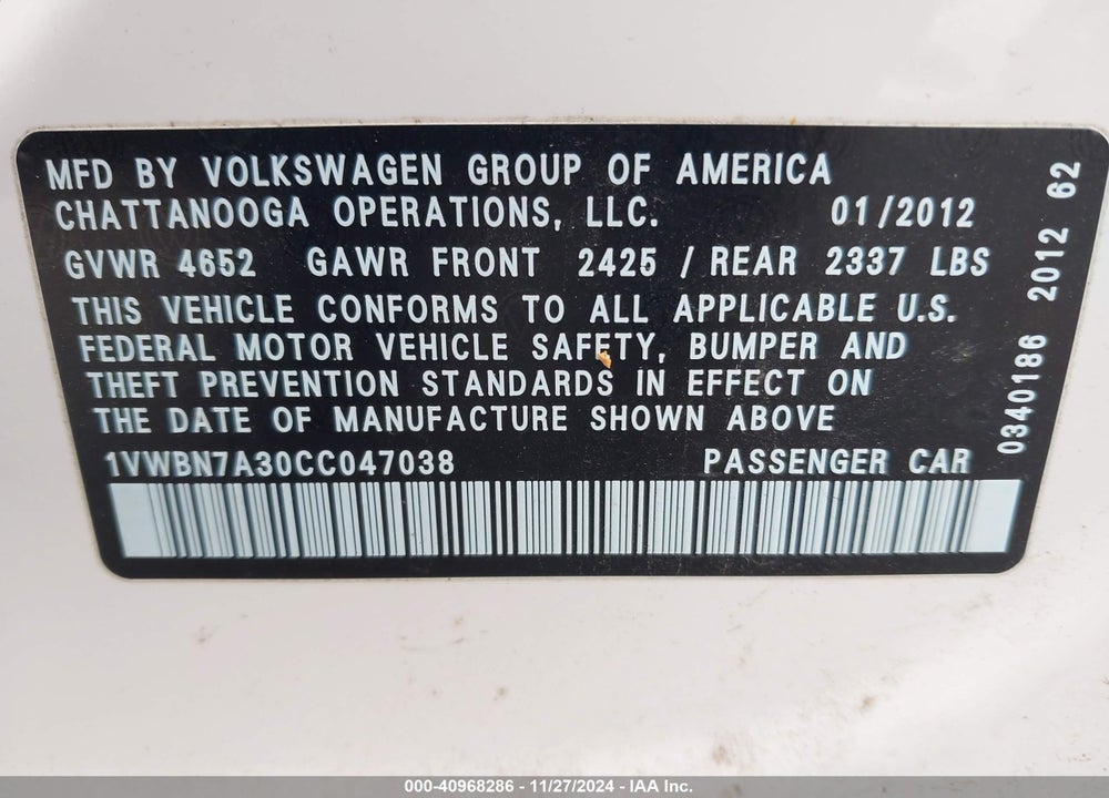 2012 VOLKSWAGEN PASSAT 2.0L TDI SE VIN: 1VWBN7A30CC047038