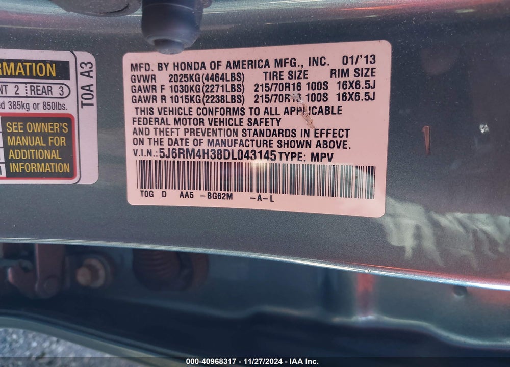 2013 HONDA CR-V LX VIN: 5J6RM4H38DL043145