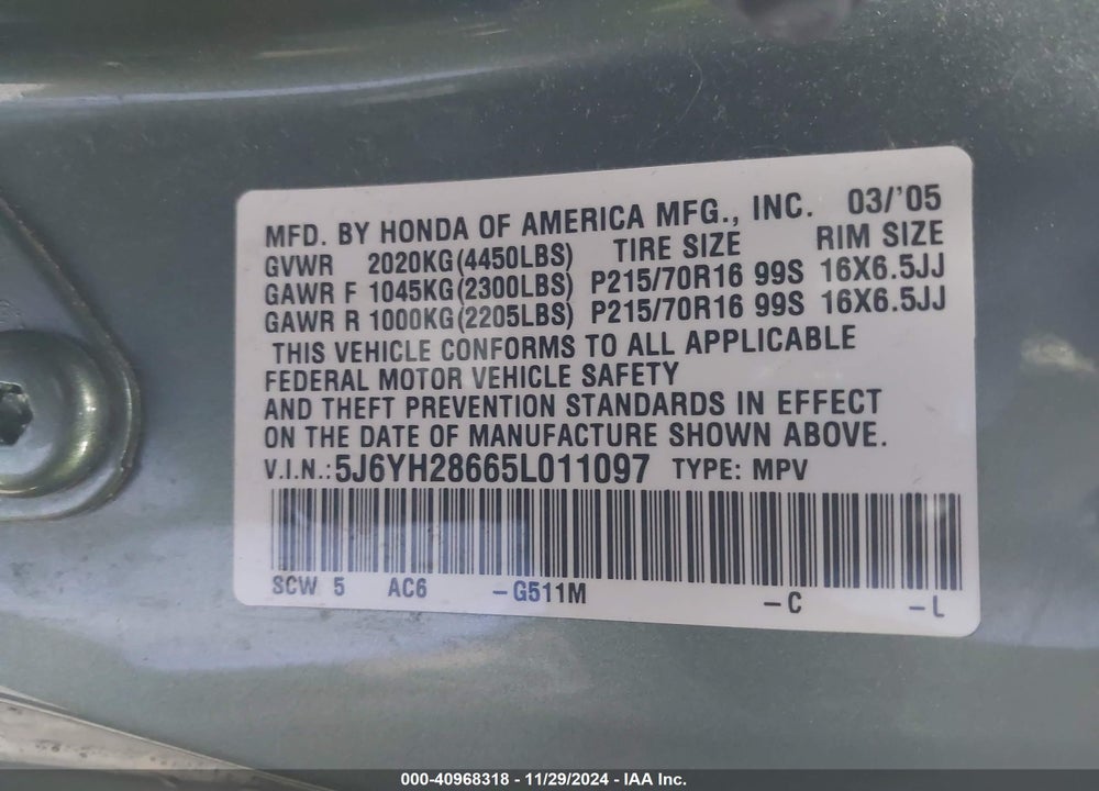2005 HONDA ELEMENT EX VIN: 5J6YH28665L011097