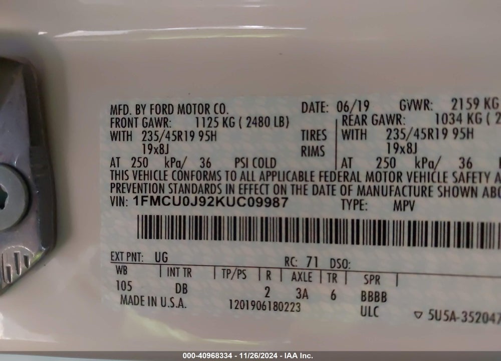 2019 FORD ESCAPE TITANIUM VIN: 1FMCU0J92KUC09987