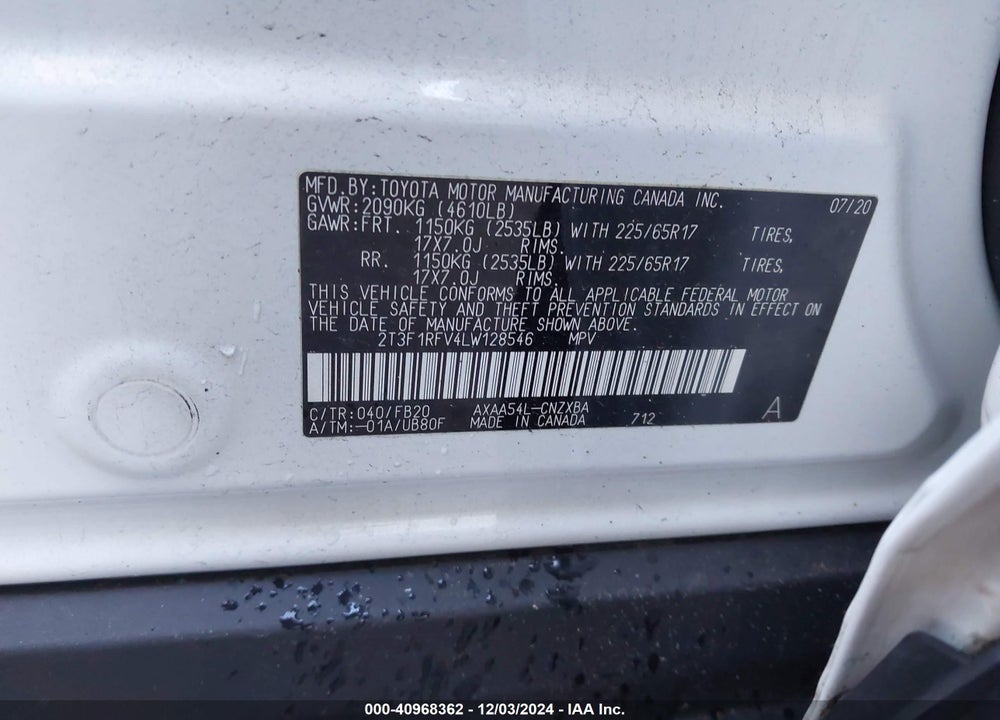 2020 TOYOTA RAV4 LE VIN: 2T3F1RFV4LW128546