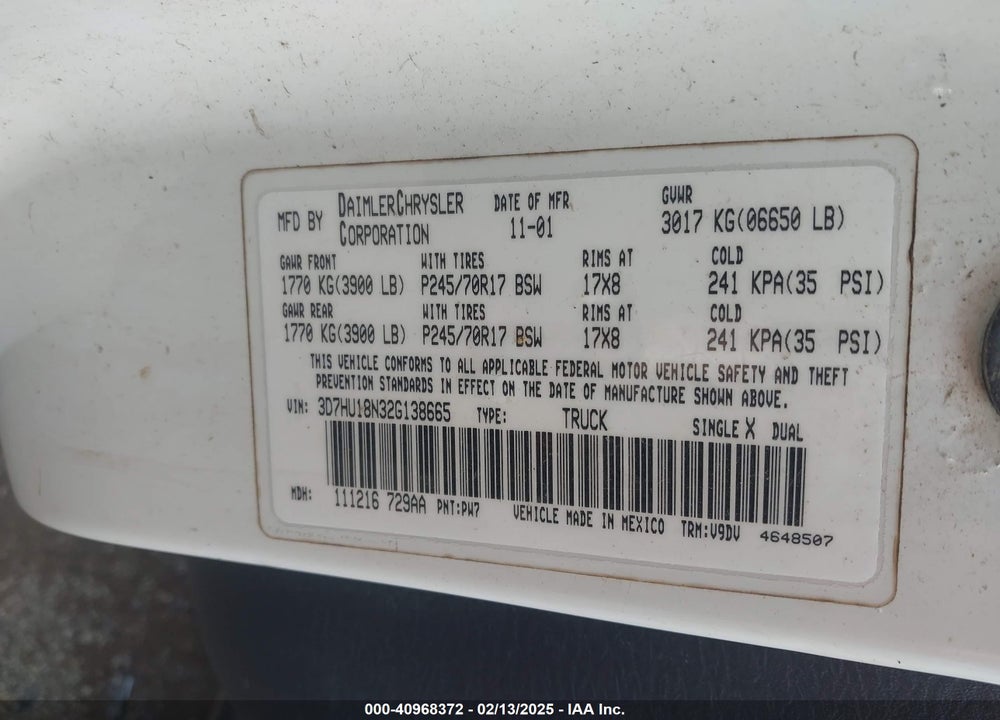 2002 DODGE RAM 1500 SLT/ST VIN: 3D7HU18N32G138665