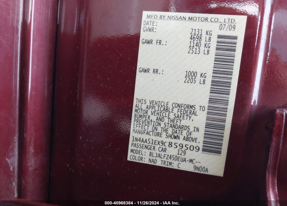 2009 NISSAN MAXIMA 3.5 SV VIN: 1N4AA51EX9C859509