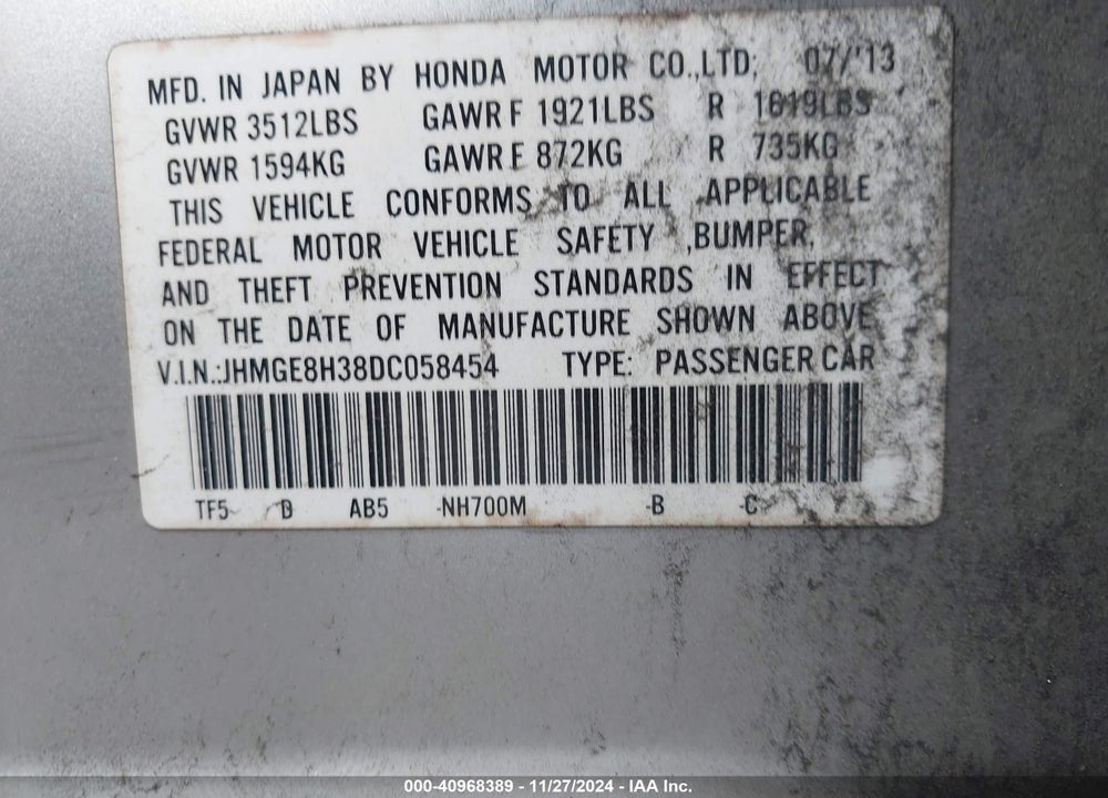 2013 HONDA FIT VIN: JHMGE8H38DC058454
